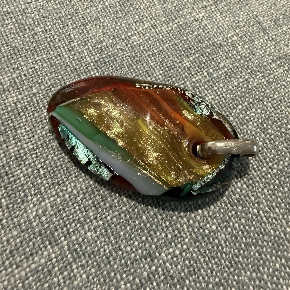 Large Handmade Dichroic Glass Pendant Browns Greens Silver On Bail‎